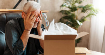 Man rubbing eyes with opened parcel on desk